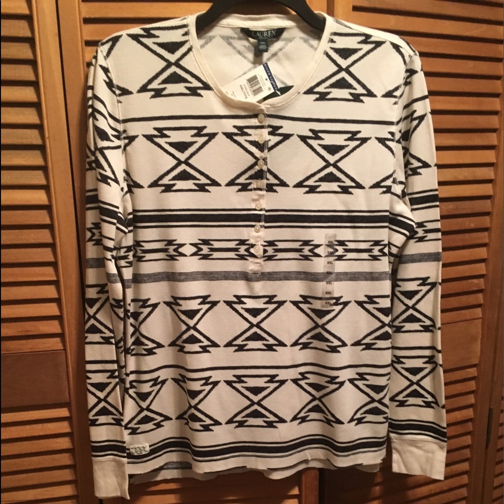 Lauren Ralph Lauren Henley Cream and Black Waffle Knit Top